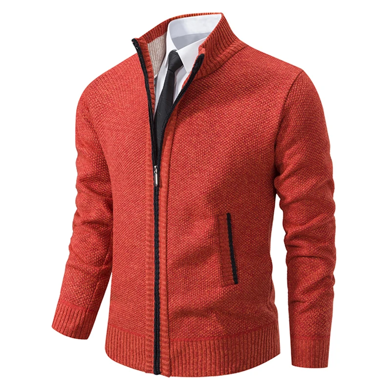 Autumn And Winter New Jersey Men's Casual Sports Coat Solid Color Stand Collar Wweater Grab Fleece Warm Zipper Cardigan - Image 2
