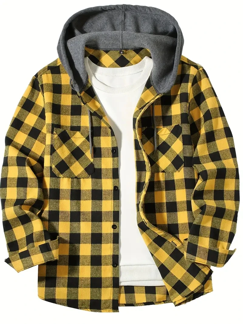 New four seasons plaid hooded shirt European and American size double bag cover hooded shirt men's trend slim-fit hooded shirt