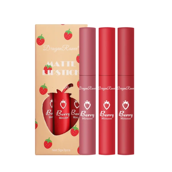 3 pcs Strawberry Lip Glaze Set Velvet Matte Liquid Lipstick Lipstick Non stick Cup