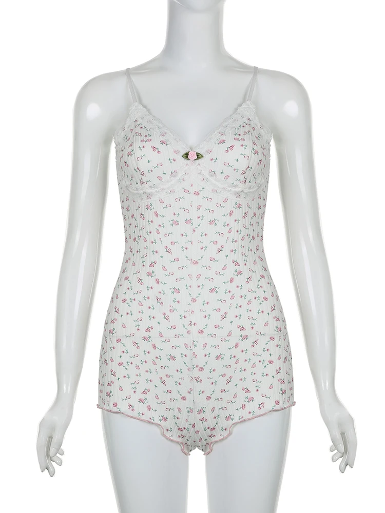 IAMSURE Sweet Floral Lace Trim Bodysuits Sexy Slim Cute Deep V-Neck Sleeveless Rompers Women 2023 Summer Fashion Underwear Lady - Image 4