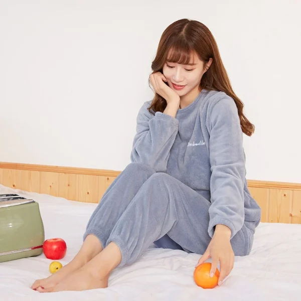 New Autumn Winter Pajamas Warm Coral Fleece Women Cozy Loose Set Top Homewear Long-sleeved lax 2 Piece Solid color Warm Pyjamas - Image 2