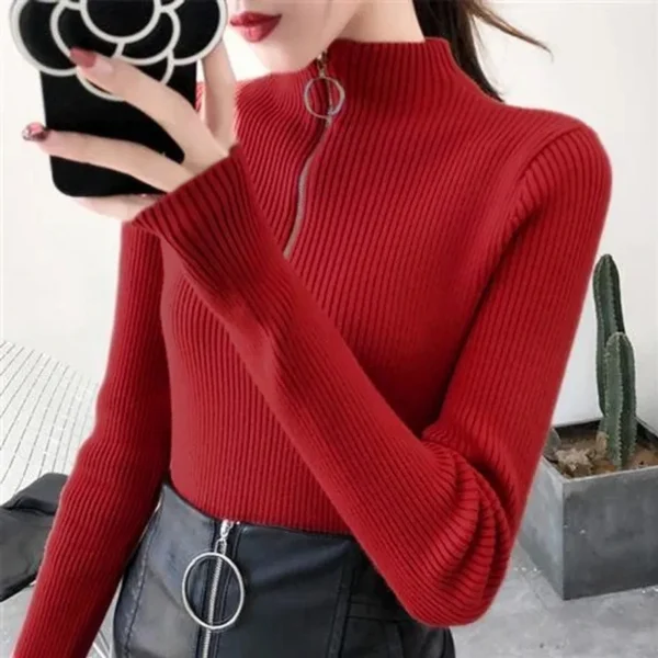 Knitted Women Zipper Half High Neck Sweater Pullovers Autumn Winter Basic Women Sweaters Slim Solid Knitwear Pull Femme Tops - Image 6