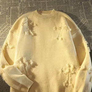 2024 Men New Retro Hole Fringed Sweater Y2k Streetwear Sweater Loose Versatile Knitwear Pullovers Long Sleeve Jumpers Clothing