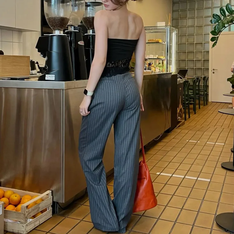 TRAF Women's Formal Pants Office Wear Women Striped Grey Black Pants Woman High Waist Baggy Suit Pants Casual Wide Leg Trousers - Image 2