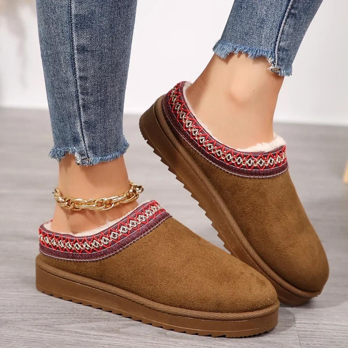 Snow Boots Women Winter New Cashmere Warm Thick Soles Without Heel-covered Hair Half Slipper Cotton Shoes Cashmere Warm Boots - Image 3