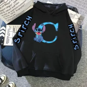 2024 Women's Winter Jacket Cute Kawaii Disney Lilo & Stitch Lucky Letter Print Black Hoodie Fashion Couple Streetwear Sportswear
