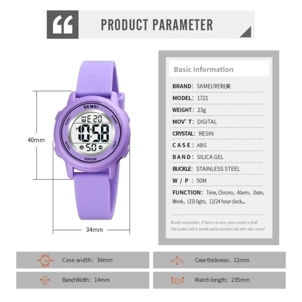 SKMEI 1721 Colorful Led Children Digital Wristwatches Waterproof Alarm Kids Watches montre enfant Boys Girls Sport Kids Watch - Image 6
