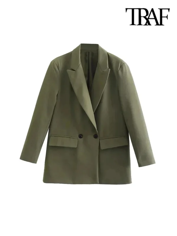 TRAF Women Fashion Double Breasted Loose Fitting Blazer Coat Vintage Long Sleeve Pockets Female Outerwear Chic Veste Femme - Image 3