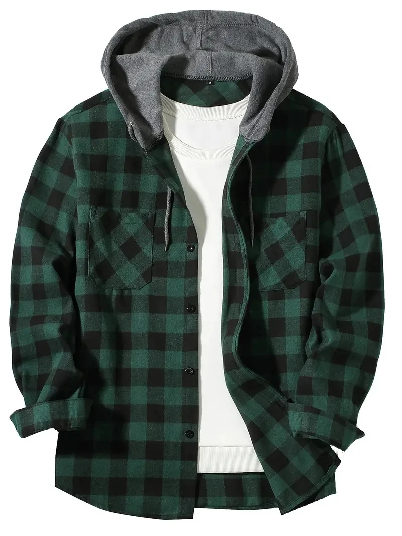 New four seasons plaid hooded shirt European and American size double bag cover hooded shirt men's trend slim-fit hooded shirt - Image 4