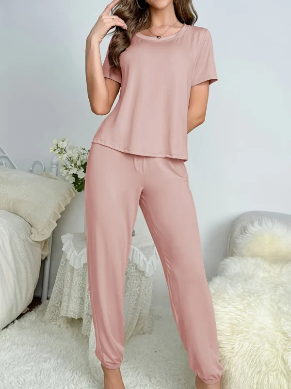 Women's new style pajamas short sleeve trousers elegant casual two-piece solid color home wear - Image 4