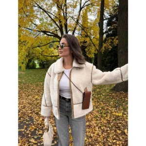 RZRA2024 new winter women's clothing contrast color stripe fleece double-sided lapel jacket fashionable warm versatile
