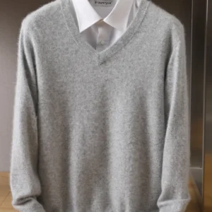 MVLYFLET 2024 NEW Men's 100% Mink Cashmere Sweater V-Neck Pullovers Knit Large Size Winter New Tops Long Sleeve High-End Jumpers