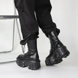 2024 New Punk Women Platform Ankle Boots Female's Rock Round Toe Lace Up Fashion Retro Chunky Shoes Metal Decor Short Boots