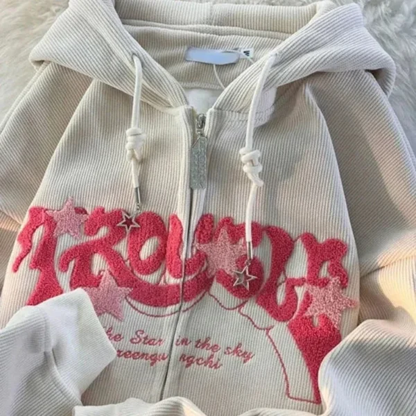 Women Retro Embroidery Hoodies Autumn Winter Zip Up Long Sleeve Loose Jacket Coats Y2K Casual Pocket Hooded Sweatshirts - Image 3