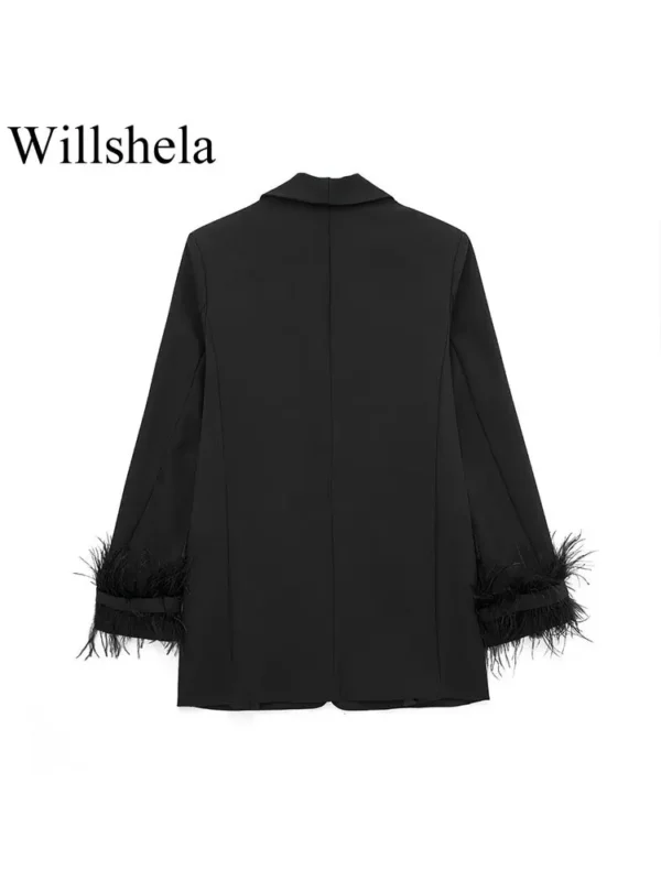 Willshela Women Fashion Satin Black With Feather Blazer Jacket Vintage Notched Neck Single Button Long Sleeves Female Outfits - Image 2