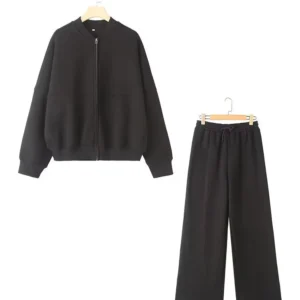 TRAFZA Women's 2-piece Retro Solid Color Zipper Bomber Jacket Sweatshirt + High-waisted Lace-up Women's Loose Velvet Pants Suit