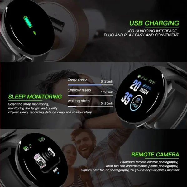 D18 Smart Watch Heart Rate Monitor Men's Women's Smartwatch Round Fitness Digital Watches for Men Women Band Bracelet PK D20 B41 - Image 2