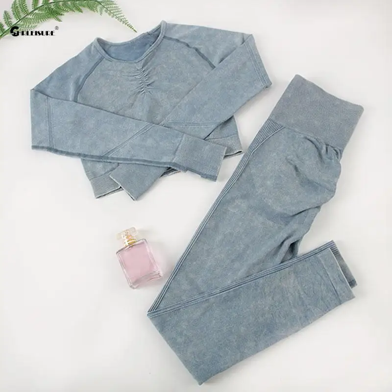 CHRLEISURE Wash Sports Set for Women Seamless Yoga Suit Long Sleeve Fitness Top with Butt Lift Scrunch Workout Leggings Gym Wear - Image 2