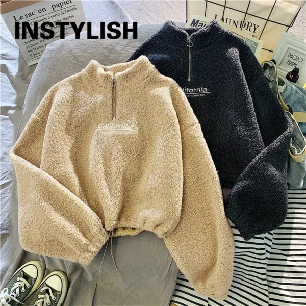 Women Stand Neck Fleece Cropped Hoodies Autumn Letter Embroidery Long Sleeve Drawstring Sweatshirt Elegant Plush Velvet Tops - Image 3