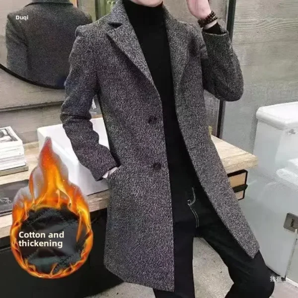 Autumn Winter Thickened Medium-length Woolen Coat For Men Casual Style Slim Fit Warm Cotton Jacket Korean Version Youth Version