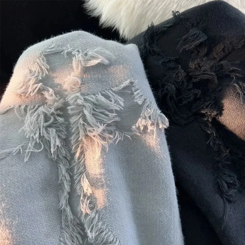 2024 Men New Retro Hole Fringed Sweater Y2k Streetwear Sweater Loose Versatile Knitwear Pullovers Long Sleeve Jumpers Clothing - Image 5