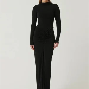 Tossy Pleated Fashion Patchwork Long Dress Women's High Waist Long Sleeve Solid Slim Party Dress Summer 2024 Female Maxi Dress