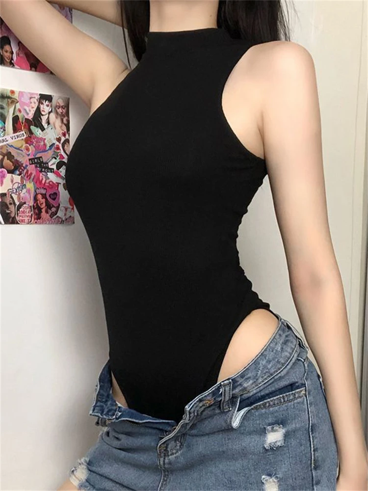 Harajuku Solid Jumpsuit Women Sleeveless Bodycon Sexy Black Body Tops Fashion Streetwear Vintage Y2k Gothic Bodysuits Clothing - Image 3