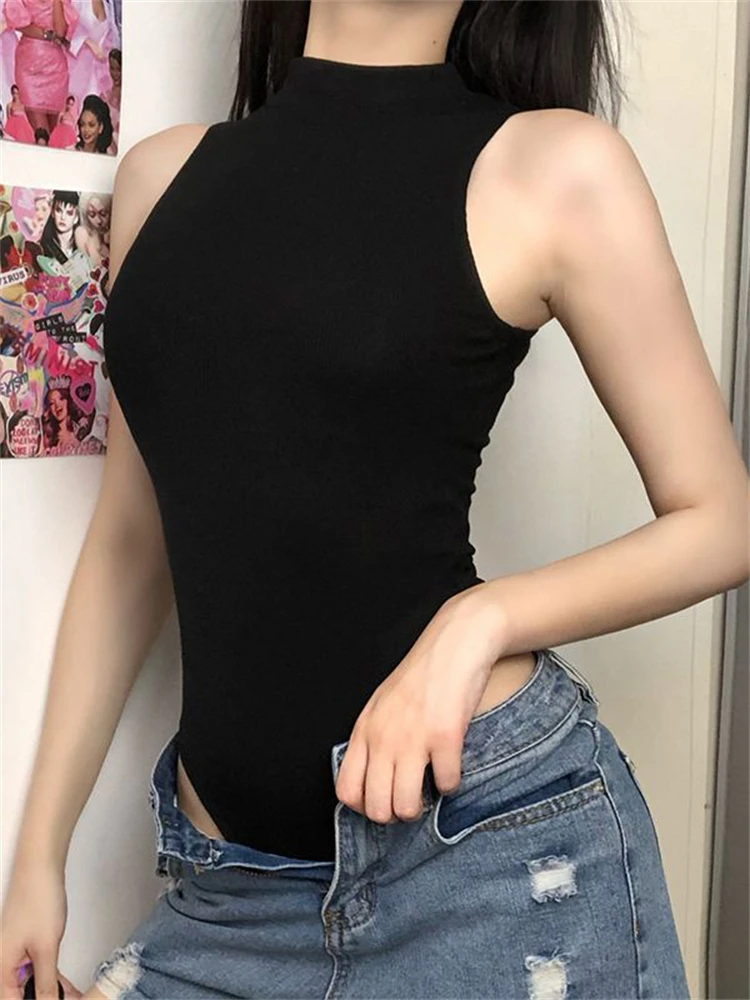 Harajuku Solid Jumpsuit Women Sleeveless Bodycon Sexy Black Body Tops Fashion Streetwear Vintage Y2k Gothic Bodysuits Clothing - Image 2