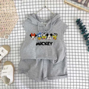 2024 New Children's Vest Hooded Suit Summer Shorts Boys And Girls Sets Baby Kids Two-piece Cotton Fashion Cartoon Mickey Outfits