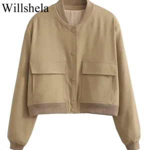 Willshela Women Fashion Solid Bomber Jackets Coat With Pockets V-Neck Single Breasted Long Sleeves Female Chic Lady Outfits