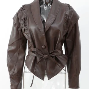 2024 New Vintage Lapel Lace-up Leather Jackets Women Chic Solid Long Sleeves Pockets Short Coats Autumn Lady Fashion Streetwear