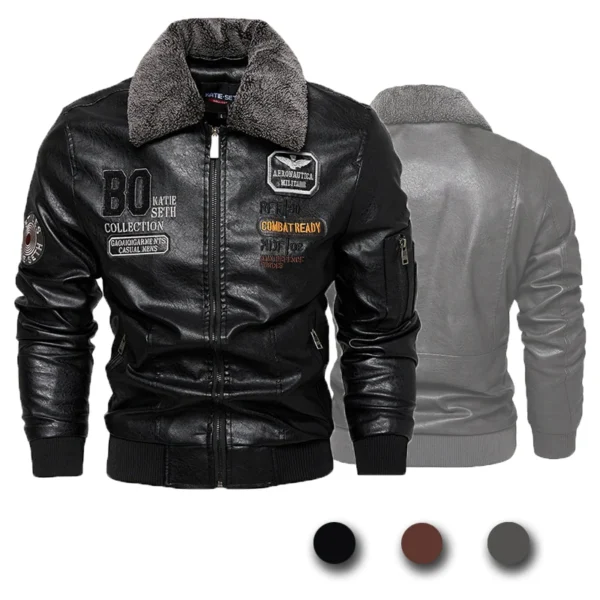 Men's Leather Jacket Fashion High-Quality Detachable Fur Collar Autumn And Winter Thick Coat Original Embroidered Men Clothing