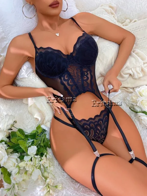 Floral Lace Garter Lingerie Set With Choker Women Intimates 2024 Underwire Bra And Thongs Ladies Underwear Set - Image 4