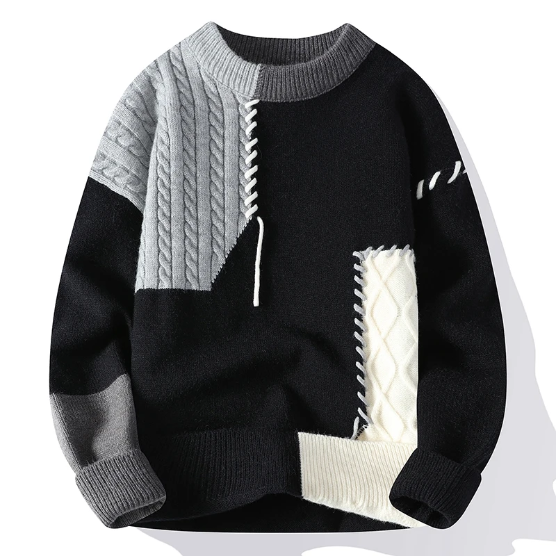 Autumn Winter Warm Mens Sweaters Fashion Turtleneck Patchwork Pullovers New Korean Streetwear Pullover Casual Men Clothing - Image 4