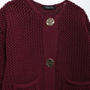 TRAFZA 2024 Autumn Women Knitted Cardigan Metal Buttons O Neck Long Sleeve Sweater With Pockets Casual Office Lady Outerwear Top