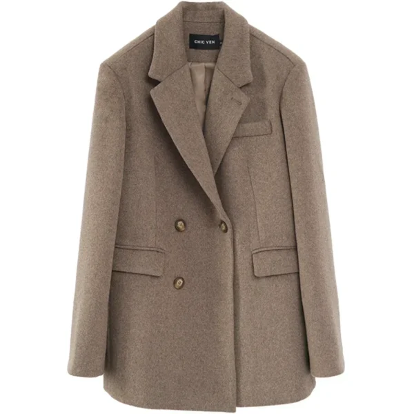 CHIC VEN Women Wool Blend Coat Solid Mid Long Woolen Blazer Thick Warm Blouse Women's Overcoat Office Lady Tops Autumn Winter - Image 4