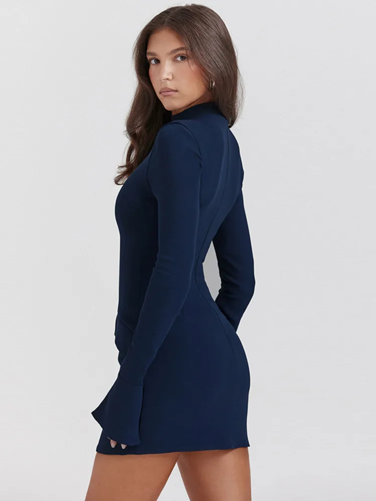 Mozision Dark Blue Two Pocket Sexy Mini Dress For Women 2024 Autumn Winter New Long Sleeve Bodycon Club Party Dress Elegant - Image 4