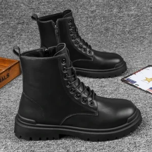 Leather England Black Men's Biker Boot Fashion YoungWaterproof Trendy Boots Man Autumn Winter High Top ClassicBasic Shoe