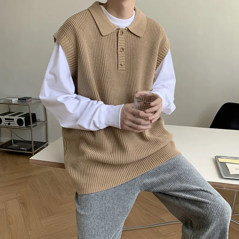 Winter Lapel Sweater Vest Men Warm Fashion Casual Knitted Pullover Men Korean Loose Sleeveless Sweater Mens Jumper Clothes - Image 3