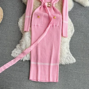 YuooMuoo Women Dress 2024 Autumn Winter Elegant Rib Knit Long Pencil Dress with Belt Office Lady Bodycon Sweater Dress Vestidos