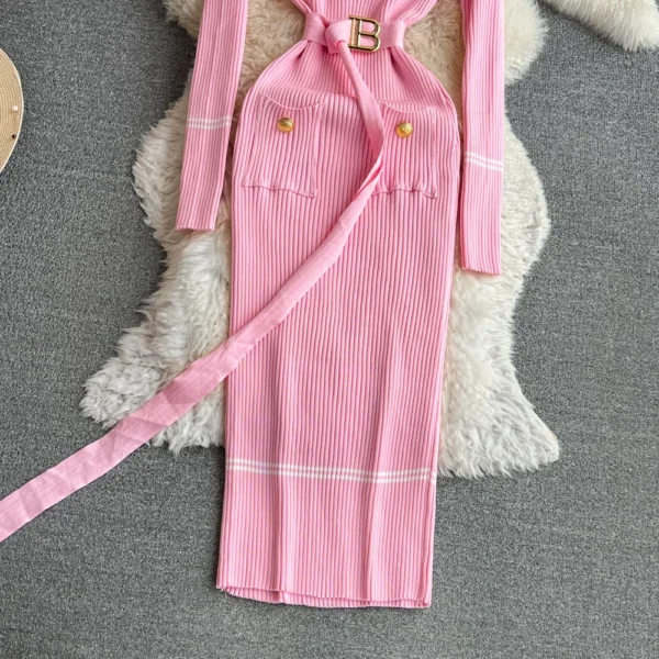 YuooMuoo Women Dress 2024 Autumn Winter Elegant Rib Knit Long Pencil Dress with Belt Office Lady Bodycon Sweater Dress Vestidos - Image 6
