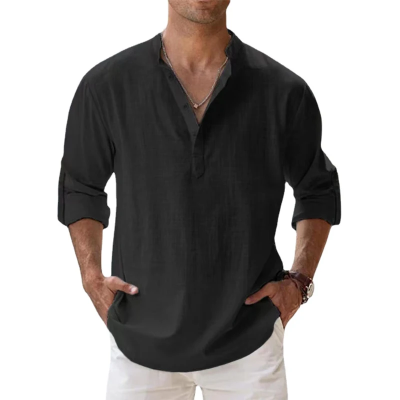 New Cotton Linen Shirts for Men Casual Shirts Lightweight Long Sleeve Henley Beach Shirts Hawaiian T Shirts for Men - Image 2