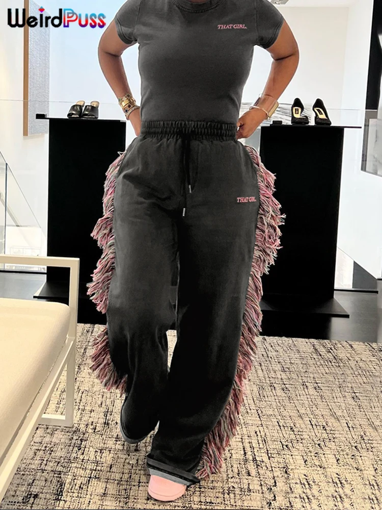 Weird Puss Casual Women 2 Piece Set Tracksuit Sporty Letter Embroidery Crop Tops+Side Tassel Straight Pants Matching Streetwear - Image 4