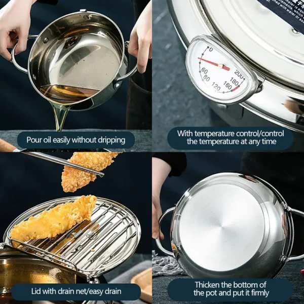 Japanese Deep Fryer With Thermometer and Lid 304 Stainless Steel Kitchen Tempura Fryer Pan Fryer Without Oil Frying Pan Fryer - Image 4
