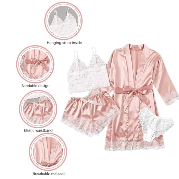 Women's Summer Sexy Pajama Pants Set 4 Pieces Lace Satin With Silk Sleepwear Robe Fashion And Comfortable Nightwear - Image 2