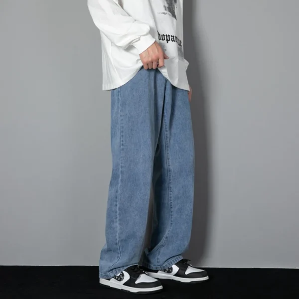 2024 New Korean Men's Casual Long Jeans Classic Man Straight Denim Wide-leg Pants Solid Color Light Blue Grey Black 3XL