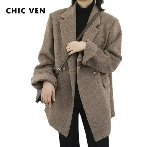 CHIC VEN Women Wool Blend Coat Solid Mid Long Woolen Blazer Thick Warm Blouse Women's Overcoat Office Lady Tops Autumn Winter - Image 2