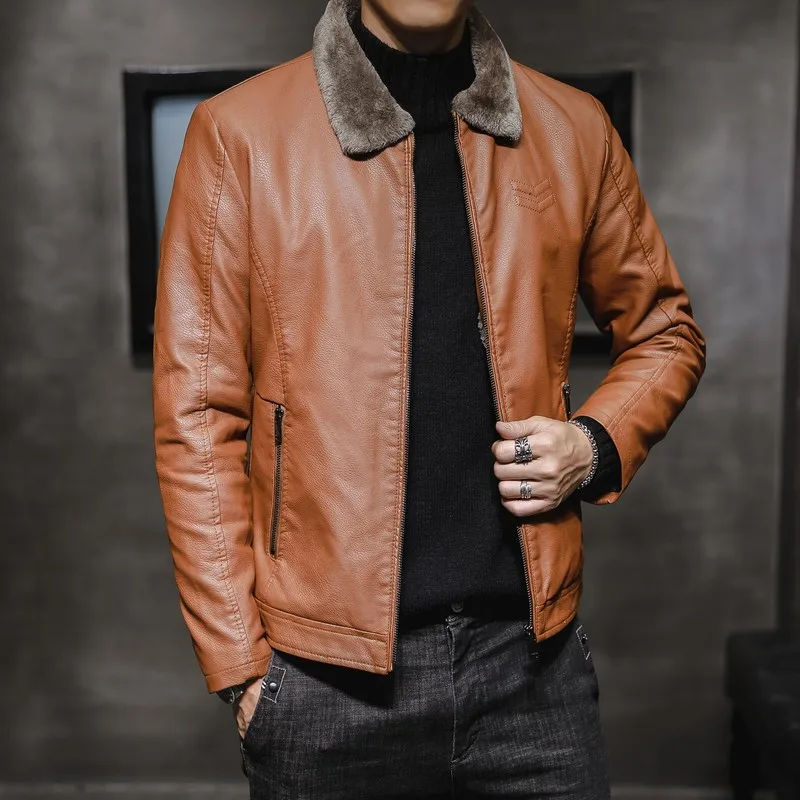 New Men's Leather Jacket Autumn and Winter Lapel Collar Middle-aged and Elderly Men's Clothing with Thick Velvet and Trend - Image 4