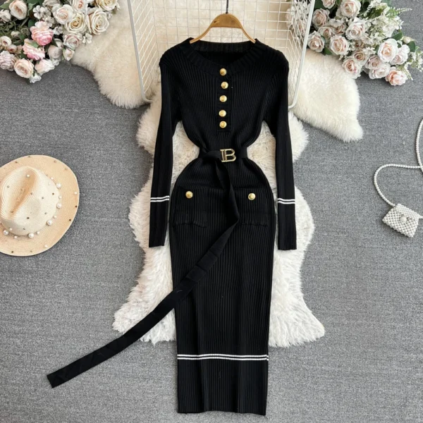YuooMuoo Women Dress 2024 Autumn Winter Elegant Rib Knit Long Pencil Dress with Belt Office Lady Bodycon Sweater Dress Vestidos - Image 2