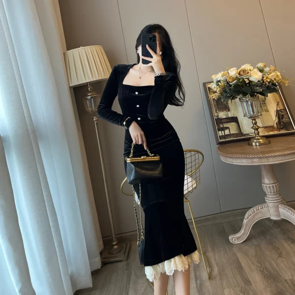 Elegant French Haban Style Fish Tail Skirt Spring Autumn Soft High Class Square Collar Long Sleeve Black Velvet Long Dress - Image 4
